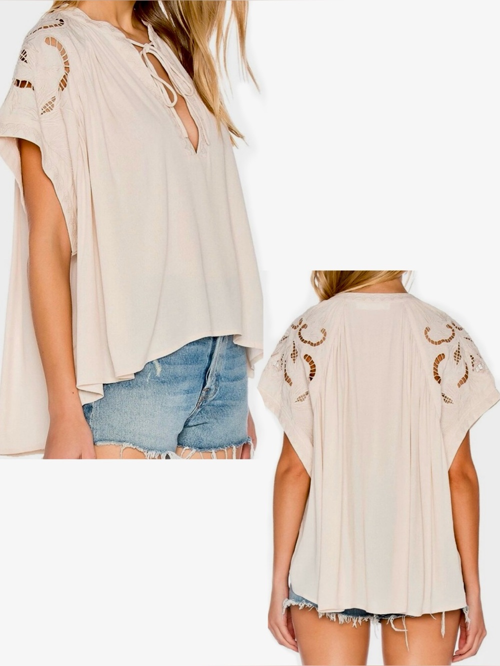 ASTR The Label Embroidered Cream Lace Detail Top Flowy Blouse